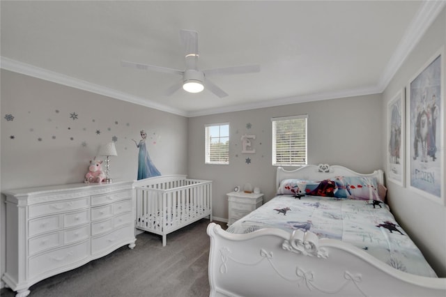 bedroom featuring ceiling fan, crown molding, and carpet