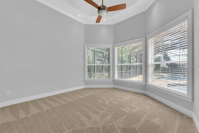 empty room with ceiling fan, a raised ceiling, a high ceiling, carpet floors, and crown molding