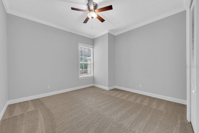 carpeted spare room with crown molding and ceiling fan