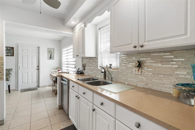 kitchen with ceiling fan, white cabinets, sink, tasteful backsplash, and dishwasher