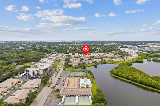 drone / aerial view featuring a water view