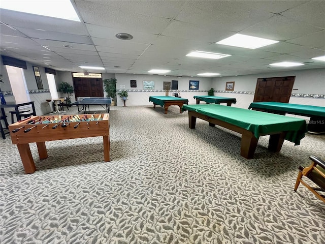 rec room featuring carpet, pool table, and a drop ceiling