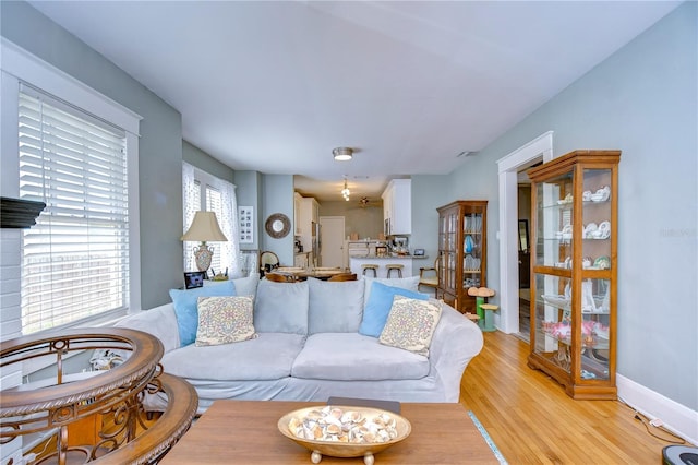 living room featuring light wood-type flooring and a wealth of natural light