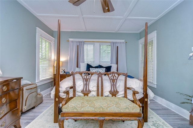 bedroom with multiple windows, hardwood / wood-style floors, and ceiling fan