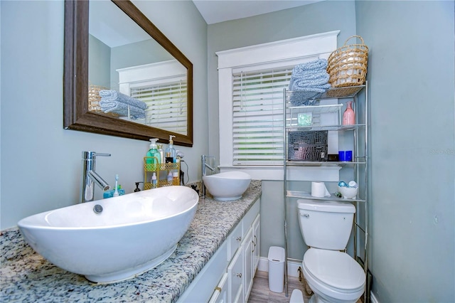 bathroom featuring toilet, hardwood / wood-style flooring, and vanity