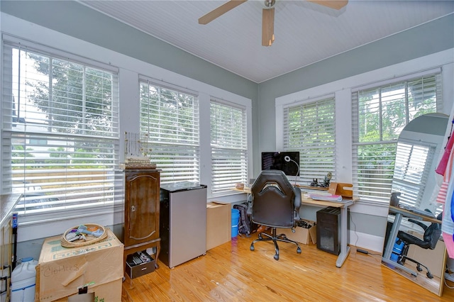 office area with ceiling fan and light wood-type flooring