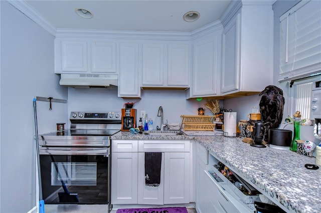 kitchen featuring white cabinets, electric range, crown molding, and sink