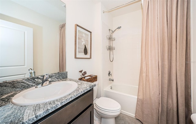 full bathroom with vanity, toilet, shower / bathtub combination with curtain, and tile patterned floors