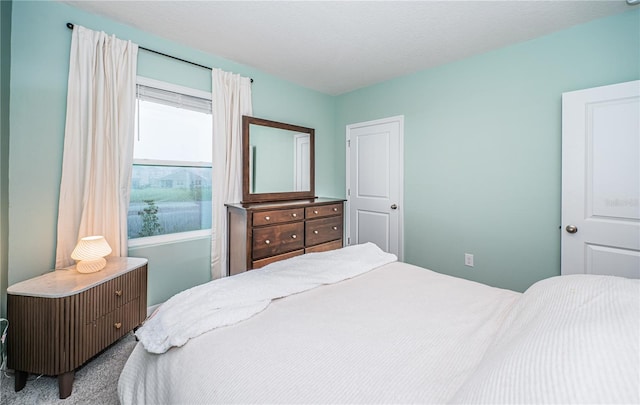 bedroom with a textured ceiling and light carpet