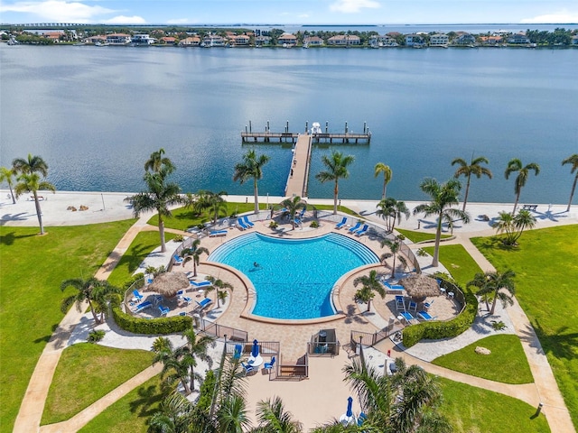 bird's eye view with a water view