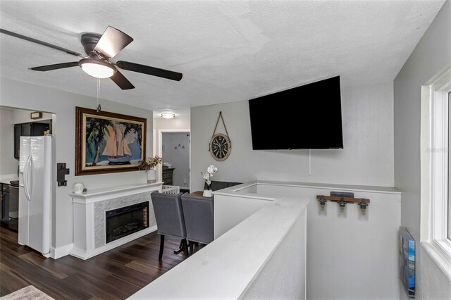 7331/2 New Jersey St, Clearwater, FL 33756 - living area featuring a textured ceiling, ceiling fan, dark wood finished floors, and a fireplace