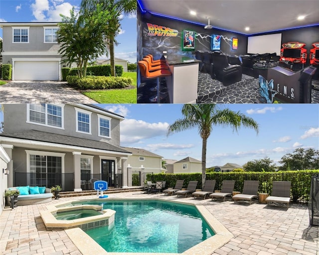 exterior space with a patio area and a pool with hot tub