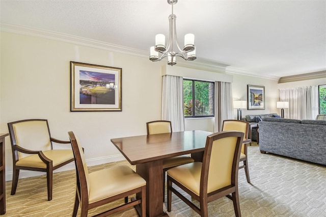 dining area with ornamental molding, an inviting chandelier, and light colored carpet