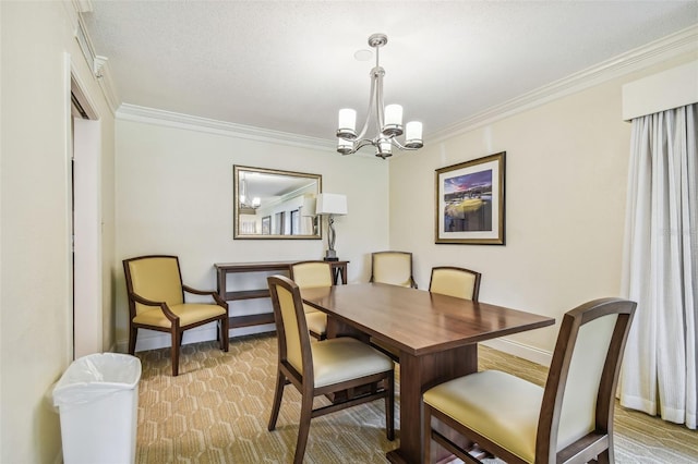 carpeted dining room with ornamental molding, an inviting chandelier, and a textured ceiling