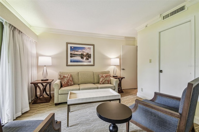 living room with ornamental molding