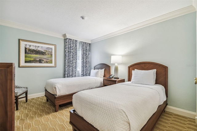 carpeted bedroom featuring crown molding and a textured ceiling