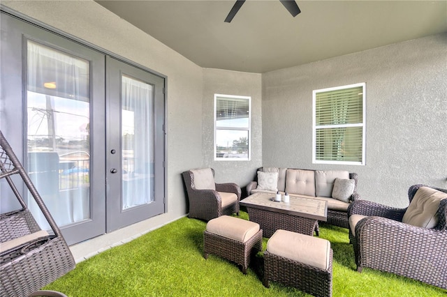 view of patio featuring an outdoor living space and french doors