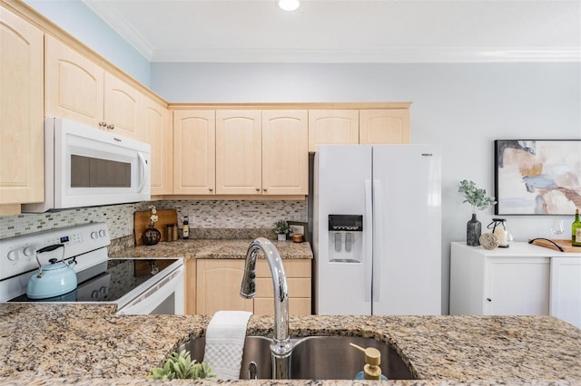 kitchen with white appliances, tasteful backsplash, ornamental molding, light brown cabinets, and light stone counters