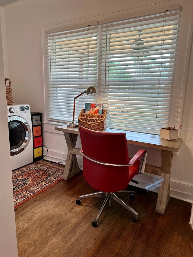 office area featuring washer / dryer and hardwood / wood-style flooring