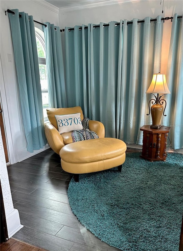 sitting room with dark wood-type flooring and ornamental molding