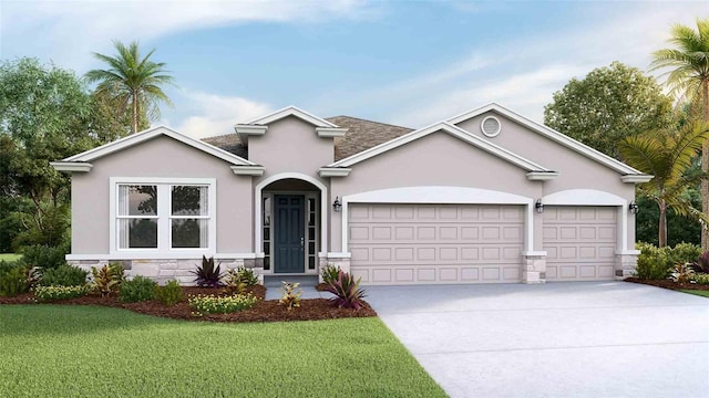 view of front of home with a garage and a front lawn