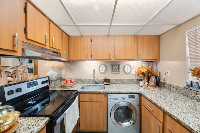 kitchen with stainless steel range with electric stovetop, a paneled ceiling, sink, light stone countertops, and washer / dryer