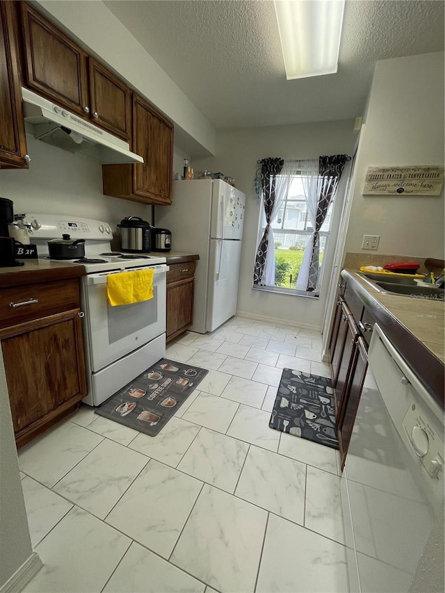 kitchen with dark brown cabinets, a textured ceiling, sink, and white appliances