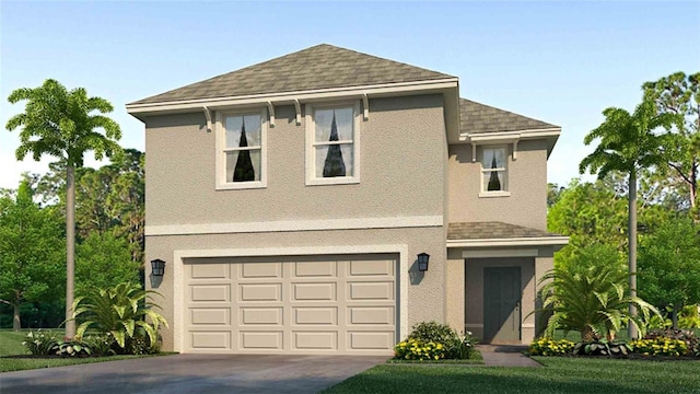 traditional-style house featuring a shingled roof, concrete driveway, a garage, and stucco siding