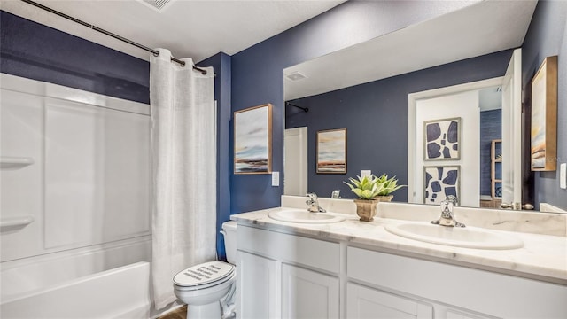 full bathroom with vanity, toilet, and shower / bathtub combination with curtain