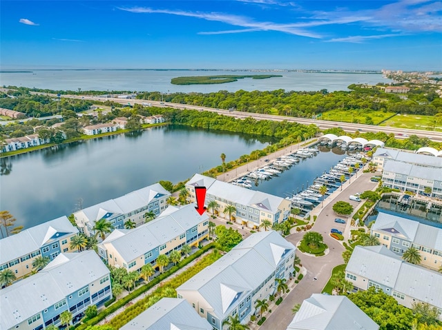 bird's eye view with a water view