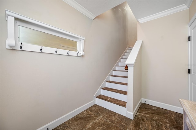 stairs featuring crown molding