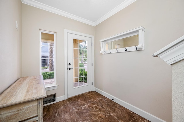 doorway with a healthy amount of sunlight and crown molding