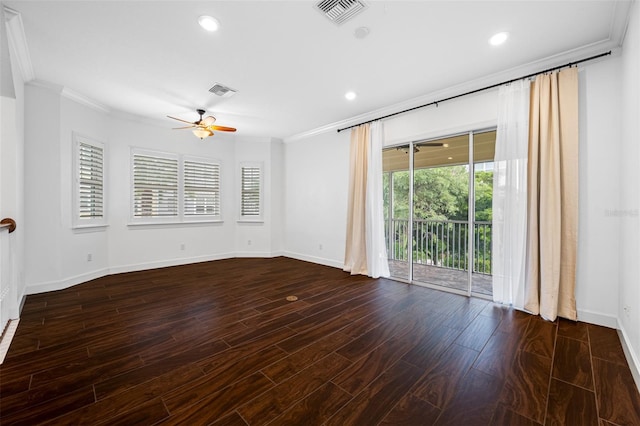 unfurnished room featuring crown molding, dark hardwood / wood-style floors, and ceiling fan