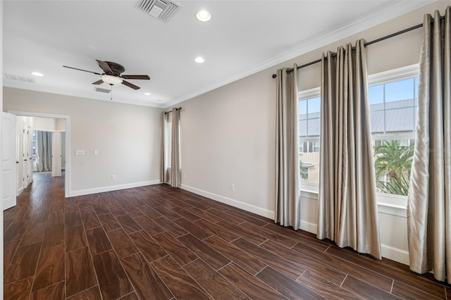 unfurnished room featuring ornamental molding, dark hardwood / wood-style flooring, and ceiling fan