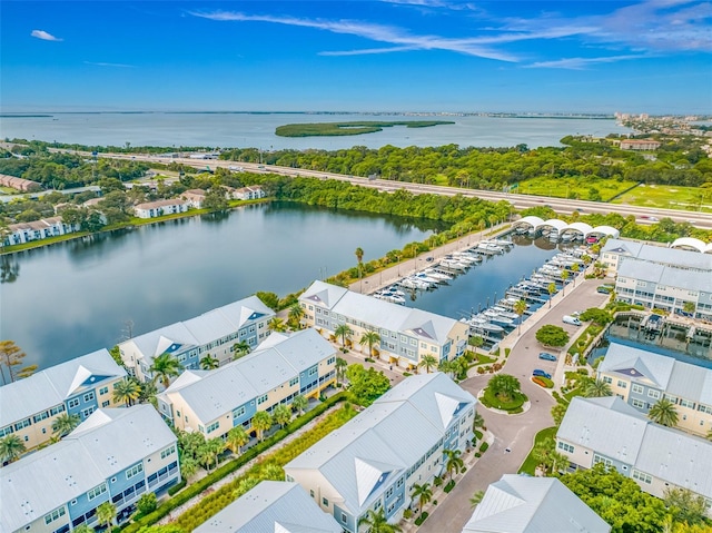 drone / aerial view with a water view