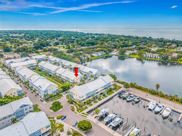 drone / aerial view with a water view