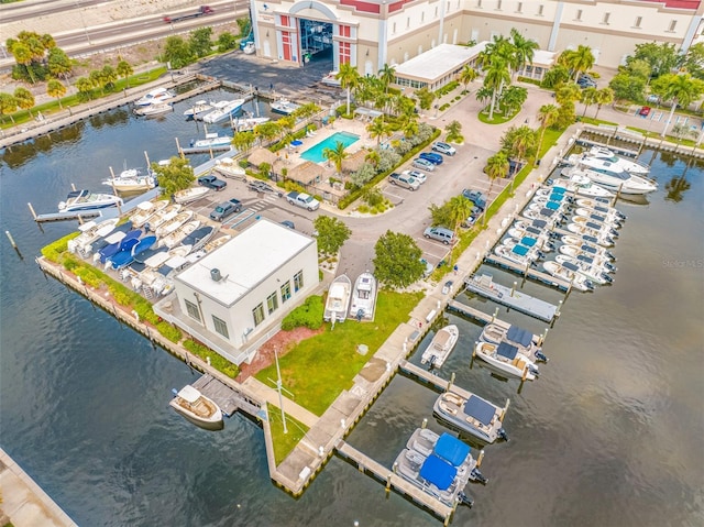 aerial view featuring a water view