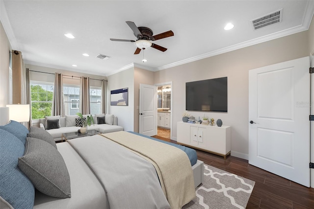 bedroom featuring ensuite bathroom, ceiling fan, dark hardwood / wood-style flooring, and ornamental molding