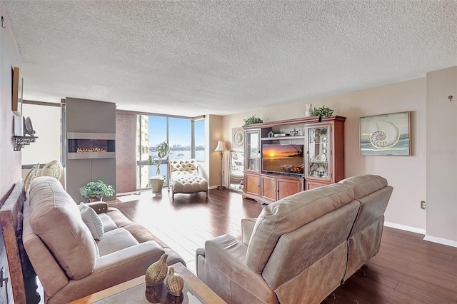 living room with a textured ceiling, a fireplace, and dark hardwood / wood-style flooring