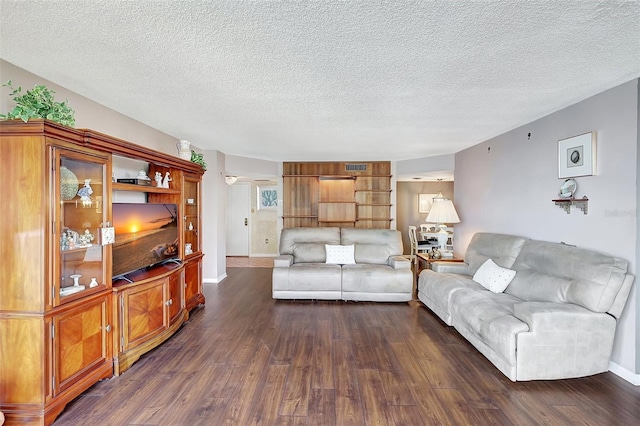 living room with a textured ceiling and dark wood-type flooring