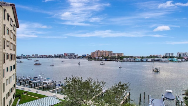 property view of water featuring a boat dock