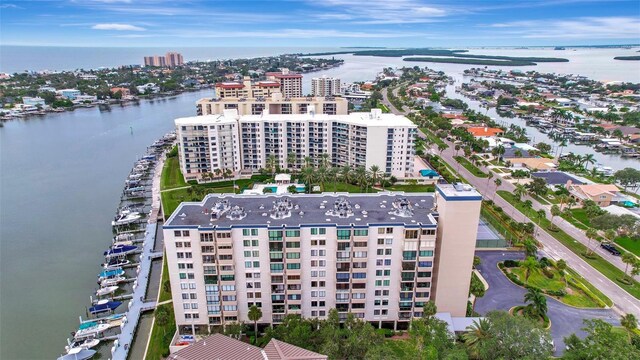 drone / aerial view featuring a water view