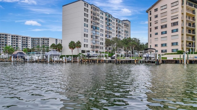 view of water feature with a dock