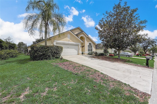 single story home featuring a front yard and a garage