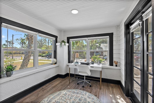 home office featuring dark hardwood / wood-style flooring and wood ceiling