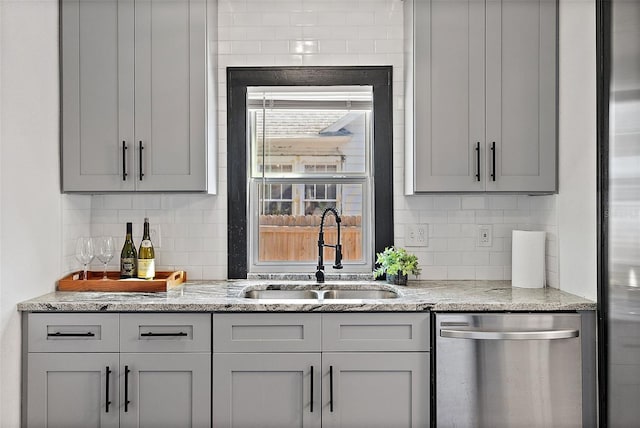 bar featuring stainless steel dishwasher, gray cabinetry, and sink