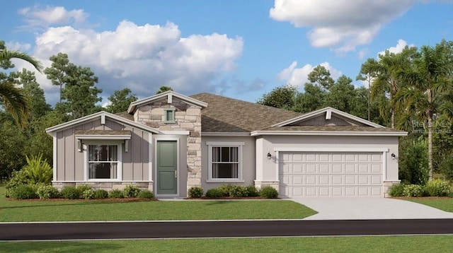 craftsman-style house featuring board and batten siding, a front lawn, driveway, stone siding, and an attached garage