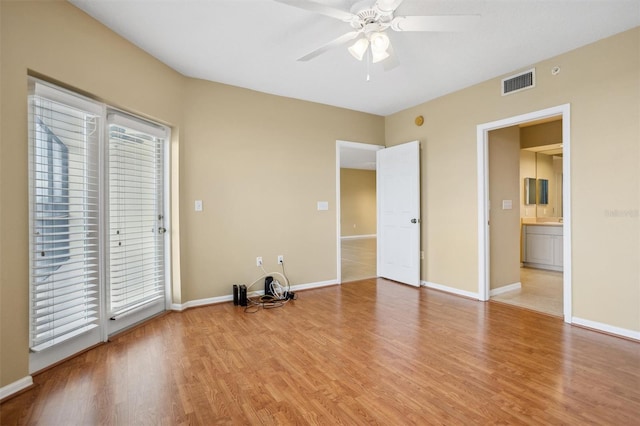 unfurnished bedroom with light hardwood / wood-style flooring, ceiling fan, and access to outside