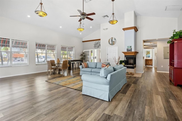 living room featuring high vaulted ceiling, ceiling fan, and dark hardwood / wood-style floors