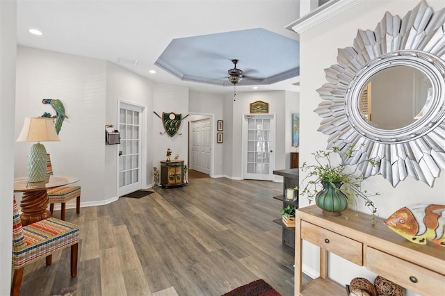 entryway with a raised ceiling, ceiling fan, and hardwood / wood-style flooring